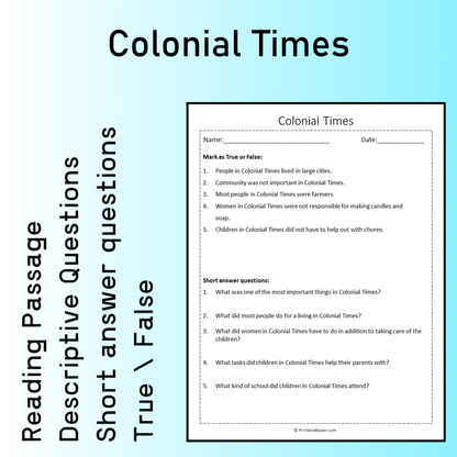 Colonial Times | Reading Comprehension Passage Printable Worksheet