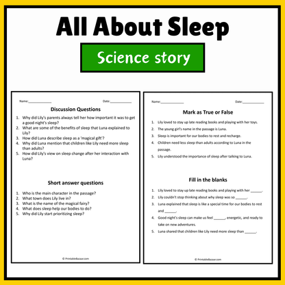 All About Sleep | Science Story Reading Comprehension Activity