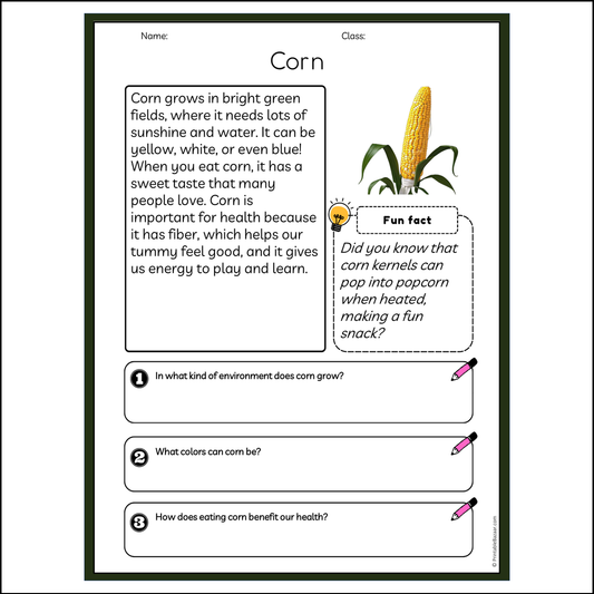 Corn | Reading Passage Comprehension Questions Writing Facts Worksheet