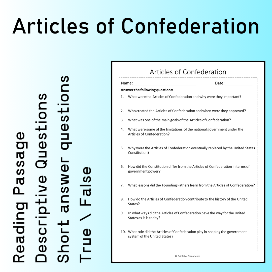 Articles of Confederation | Reading Comprehension Passage Printable Worksheet
