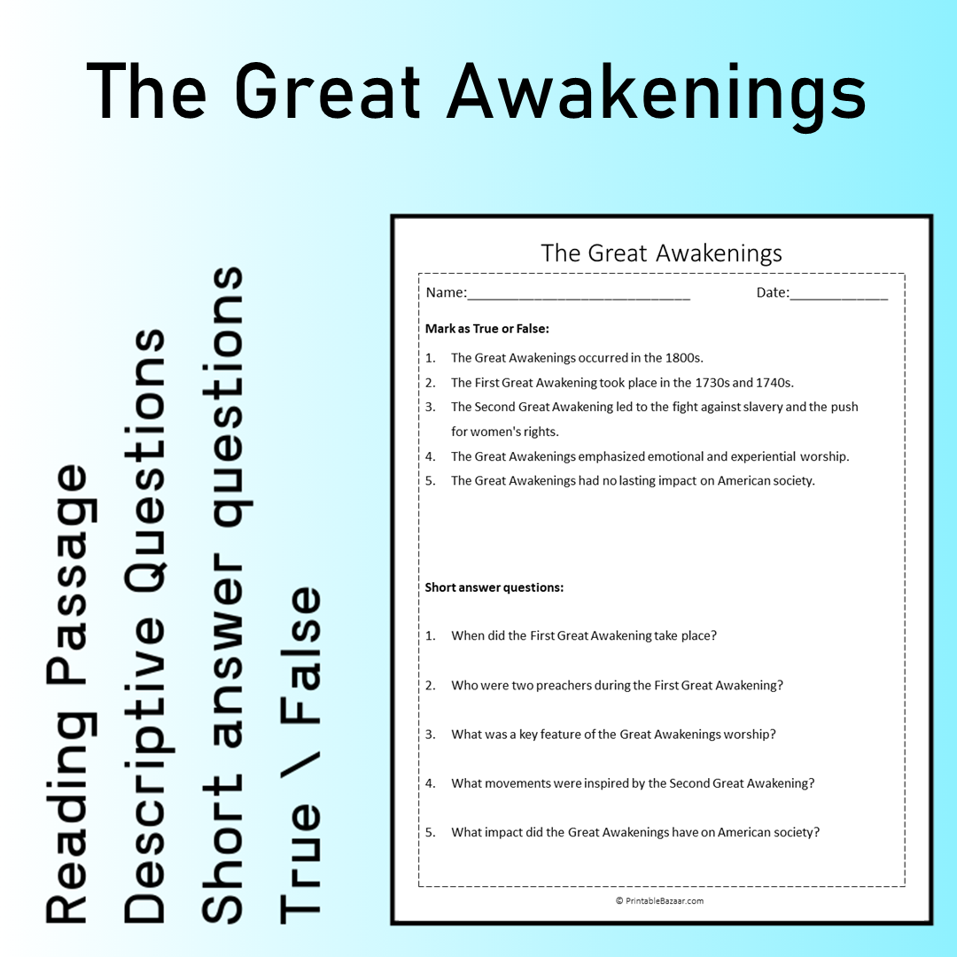 The Great Awakenings | Reading Comprehension Passage Printable Worksheet