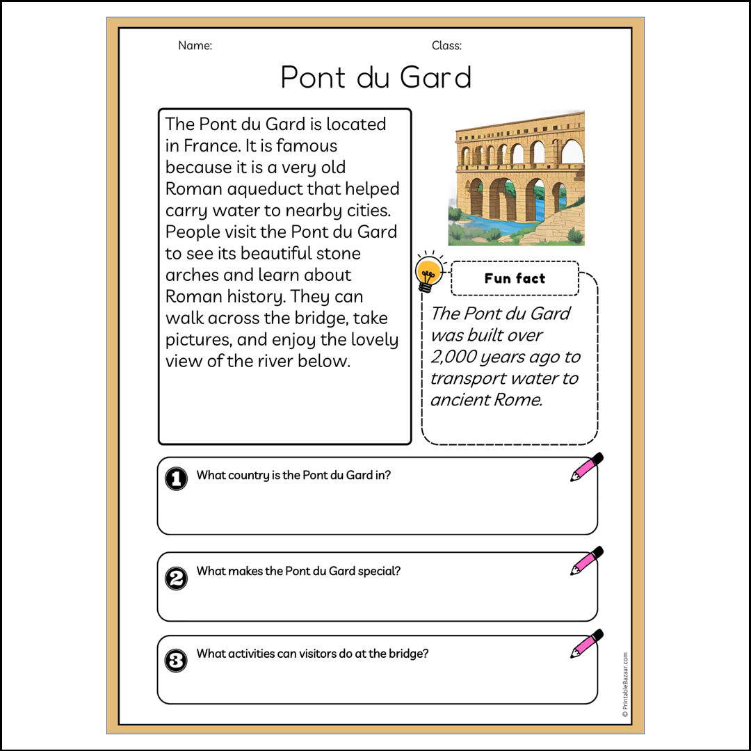 Pont du Gard | Reading Passage Comprehension Questions Writing Facts Worksheet