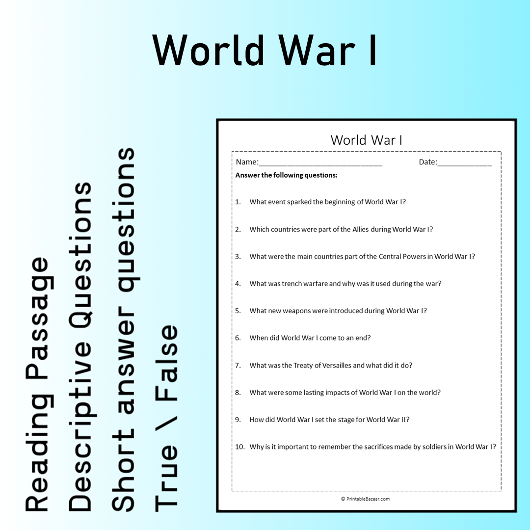 World War I | Reading Comprehension Passage Printable Worksheet