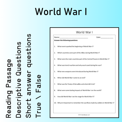 World War I | Reading Comprehension Passage Printable Worksheet