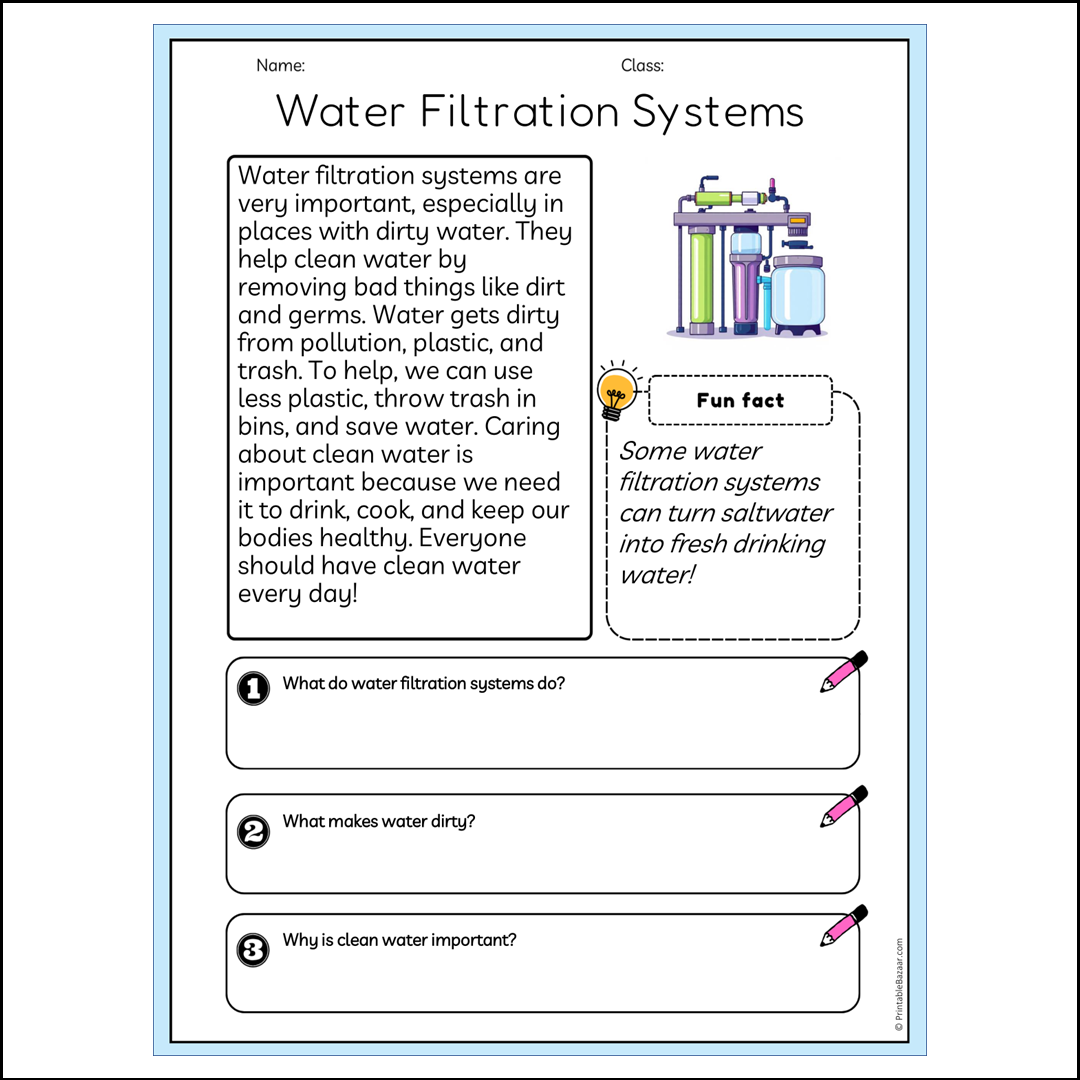 Water Filtration Systems | Reading Passage Comprehension Questions Writing Facts Worksheet