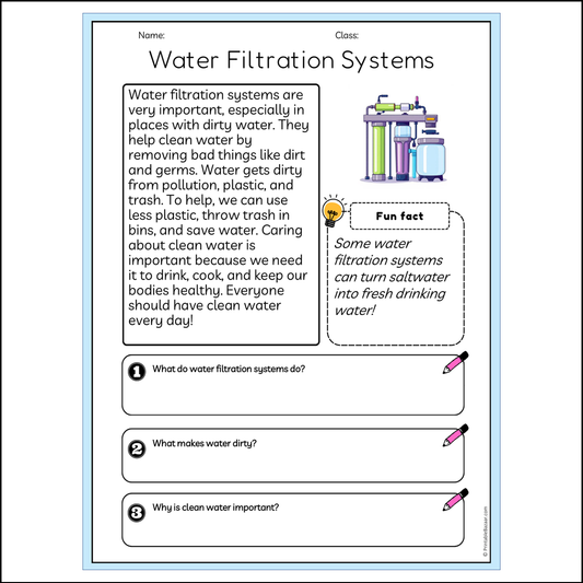 Water Filtration Systems | Reading Passage Comprehension Questions Writing Facts Worksheet