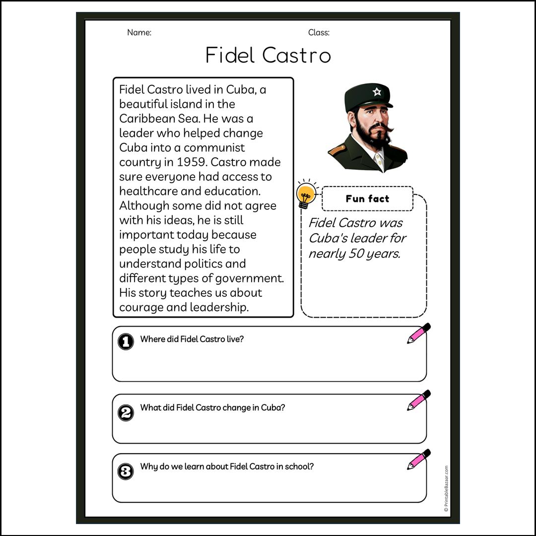 Fidel Castro | Reading Passage Comprehension Questions Writing Facts Worksheet