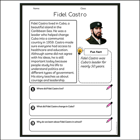 Fidel Castro | Reading Passage Comprehension Questions Writing Facts Worksheet