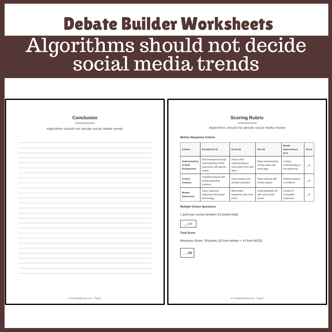 Algorithms should not decide social media trends | Favour and Against Worksheet Printable Activity