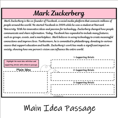 Mark Zuckerberg | Main Idea and Supporting Details Reading Passage and Questions