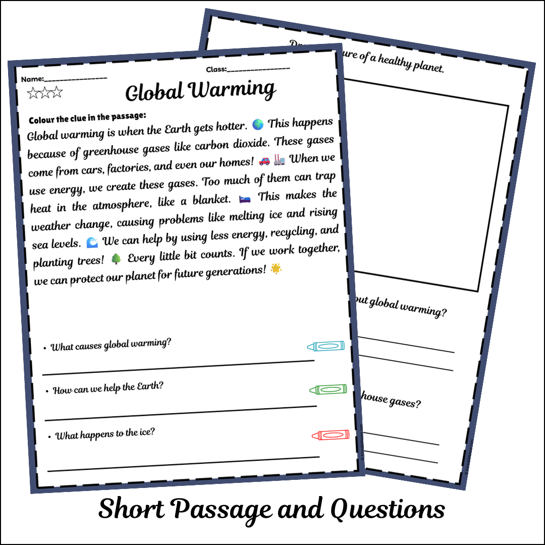 Global Warming | Short Reading Comprehension Creative Worksheet