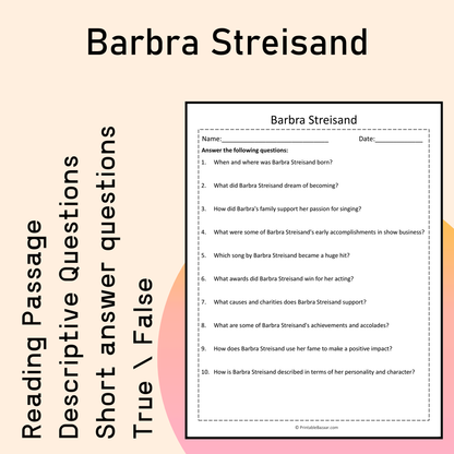 Barbra Streisand | Reading Comprehension Passage Printable Activity