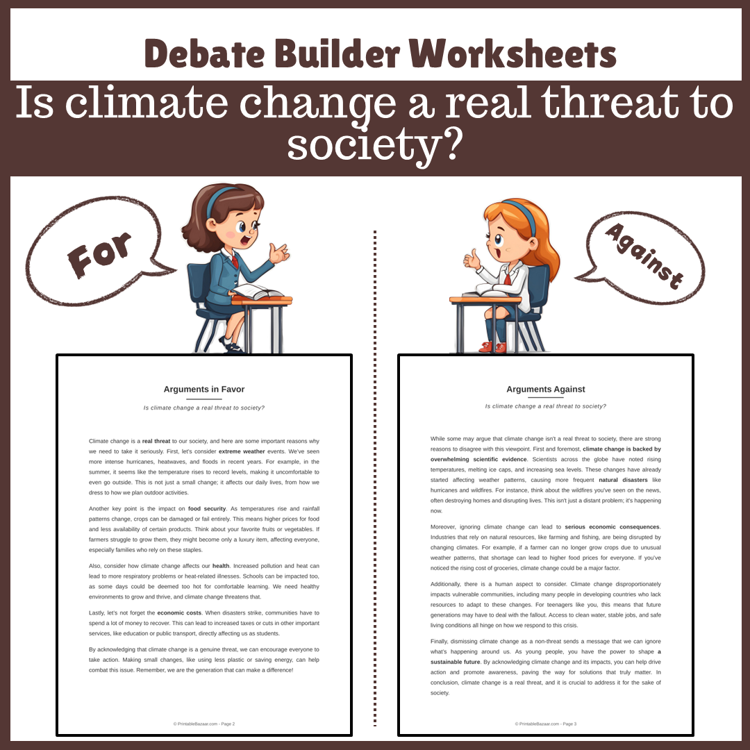 Is climate change a real threat to society? | Favour and Against Worksheet Printable Activity