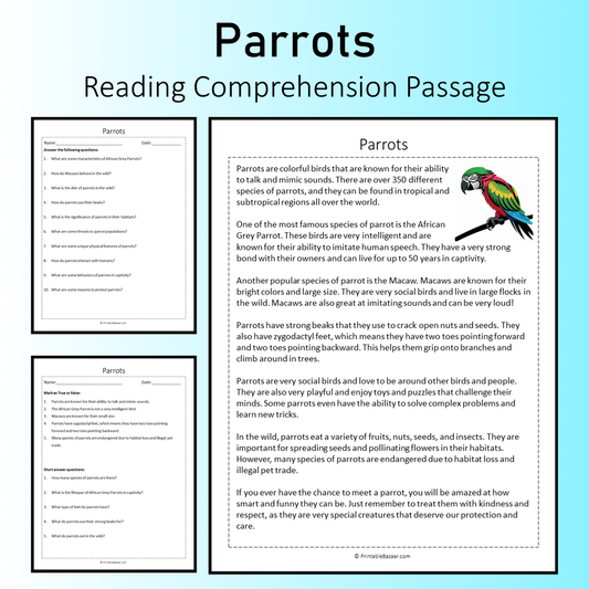 Parrots | Reading Comprehension Passage Printable Worksheet