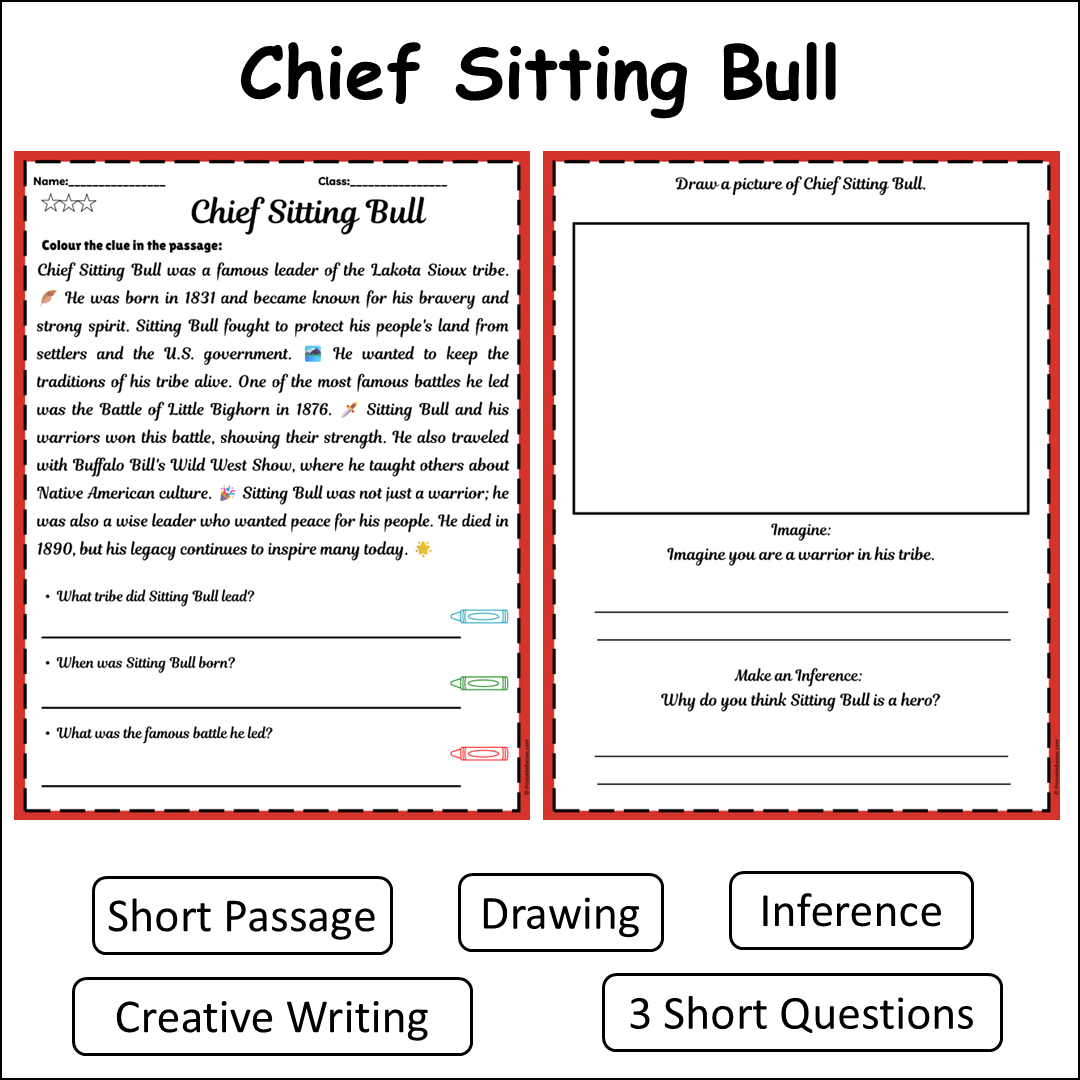 Chief Sitting Bull | Short Reading Comprehension Creative Worksheet
