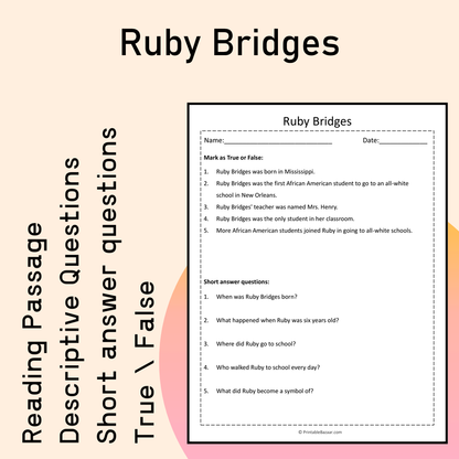 Ruby Bridges | Reading Comprehension Passage Printable Activity