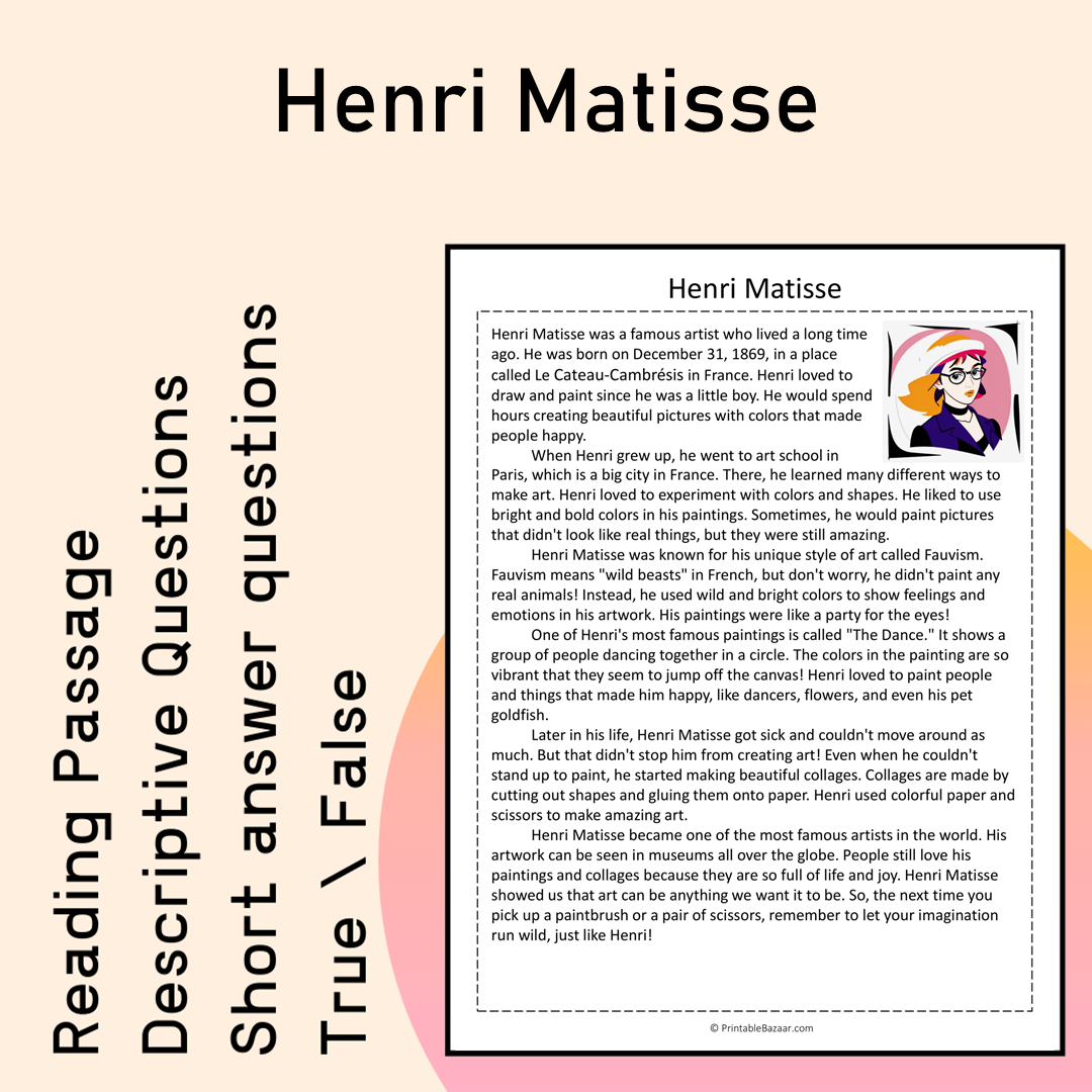 Henri Matisse | Reading Comprehension Passage Printable Activity