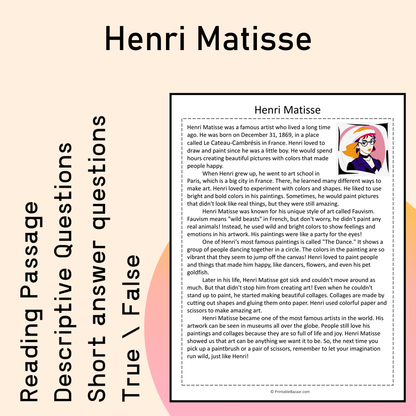 Henri Matisse | Reading Comprehension Passage Printable Activity