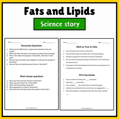 Fats and Lipids | Science Story Reading Comprehension Activity
