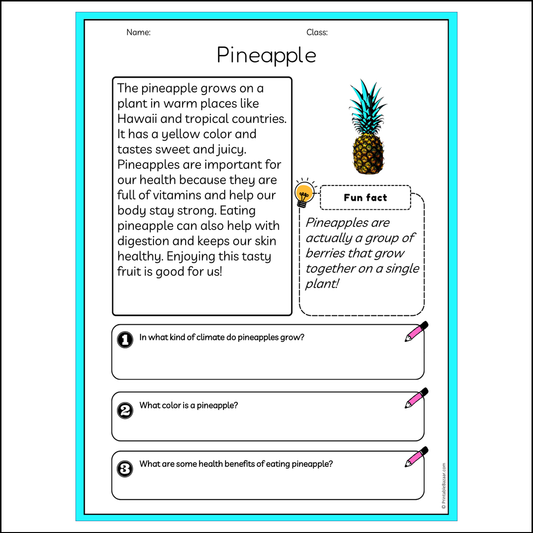 Pineapple | Reading Passage Comprehension Questions Writing Facts Worksheet