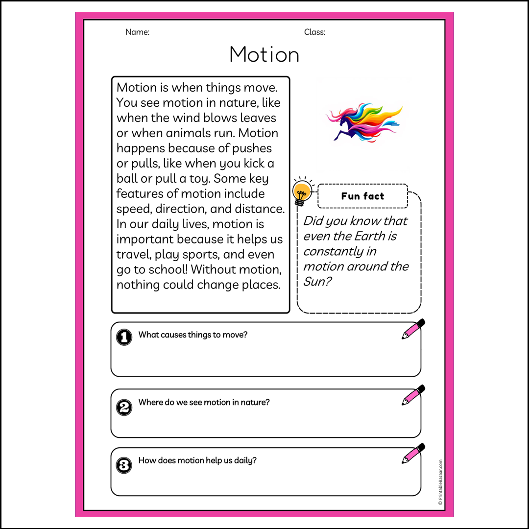 Motion | Reading Passage Comprehension Questions Writing Facts Worksheet