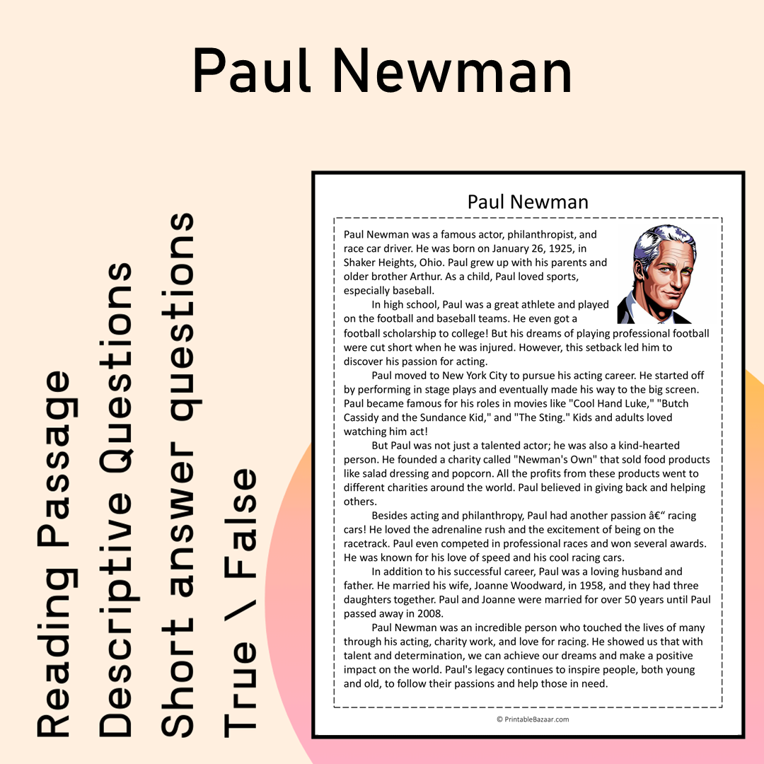 Paul Newman | Reading Comprehension Passage Printable Activity