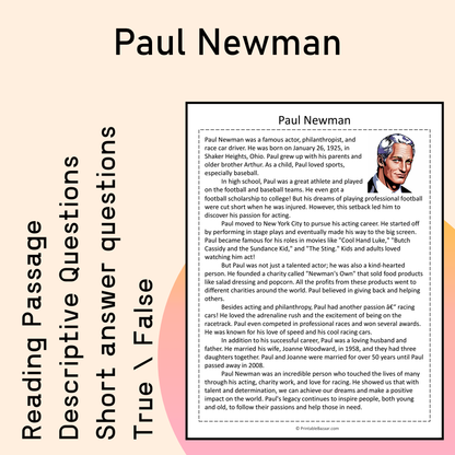Paul Newman | Reading Comprehension Passage Printable Activity