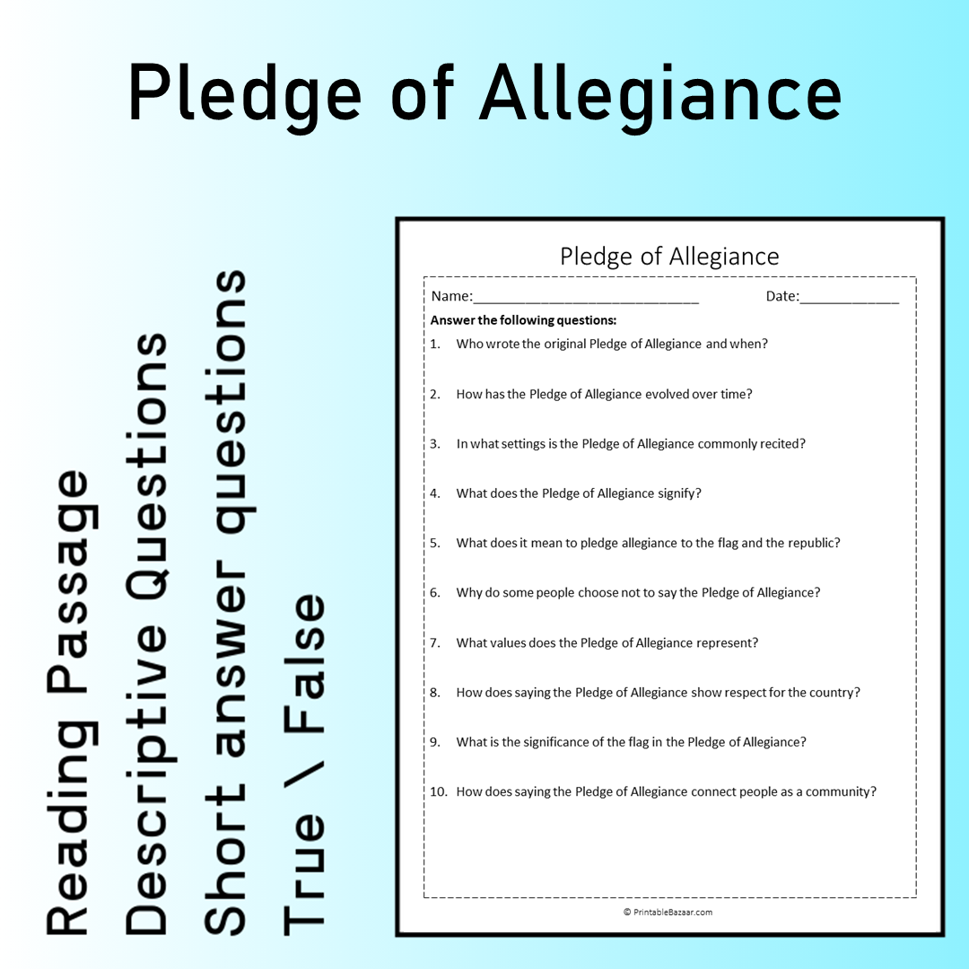 Pledge of Allegiance | Reading Comprehension Passage Printable Worksheet