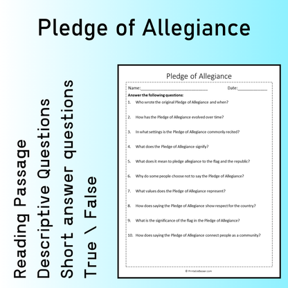 Pledge of Allegiance | Reading Comprehension Passage Printable Worksheet