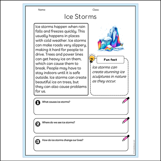 Ice Storms | Reading Passage Comprehension Questions Writing Facts Worksheet