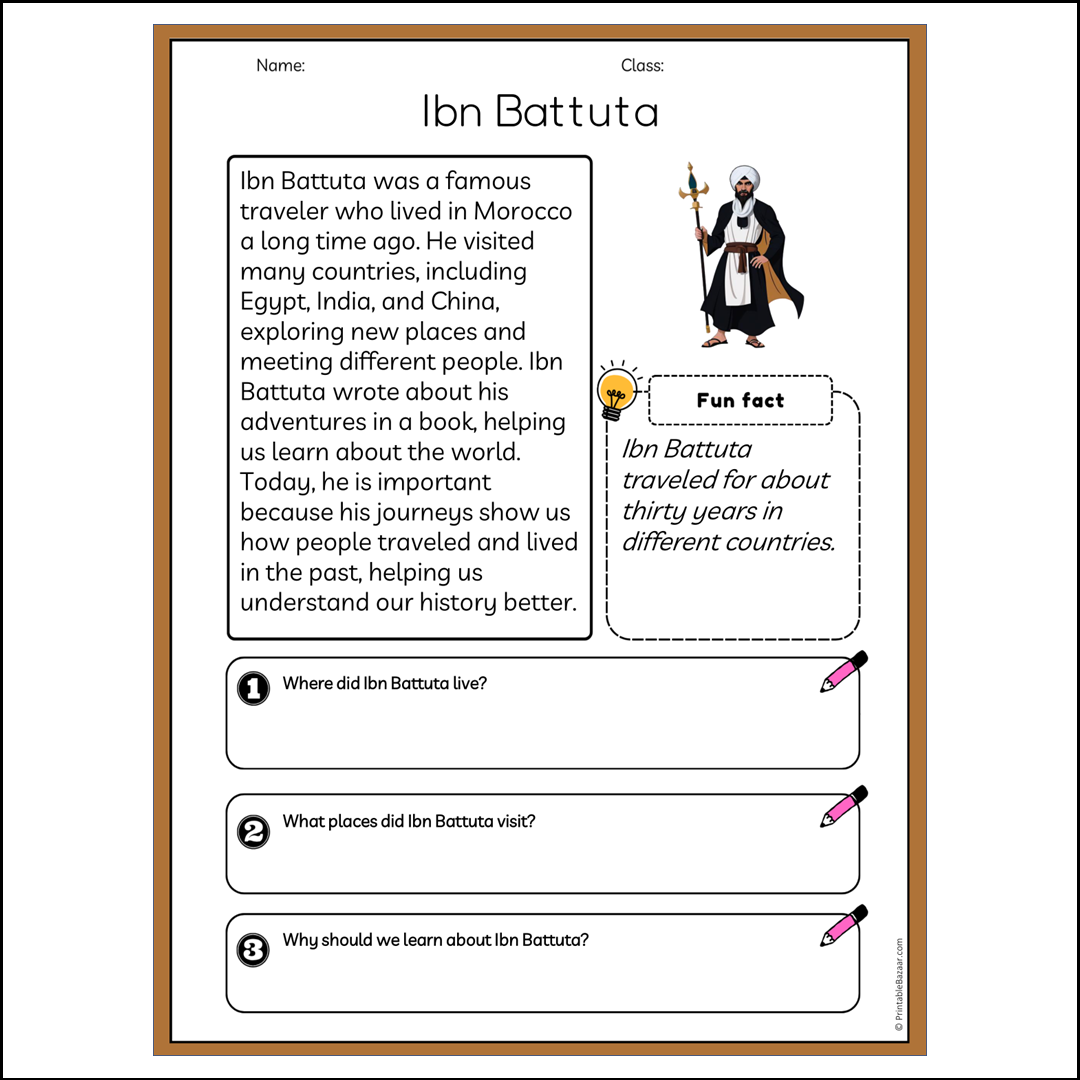 Ibn Battuta | Reading Passage Comprehension Questions Writing Facts Worksheet