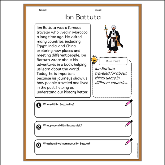 Ibn Battuta | Reading Passage Comprehension Questions Writing Facts Worksheet