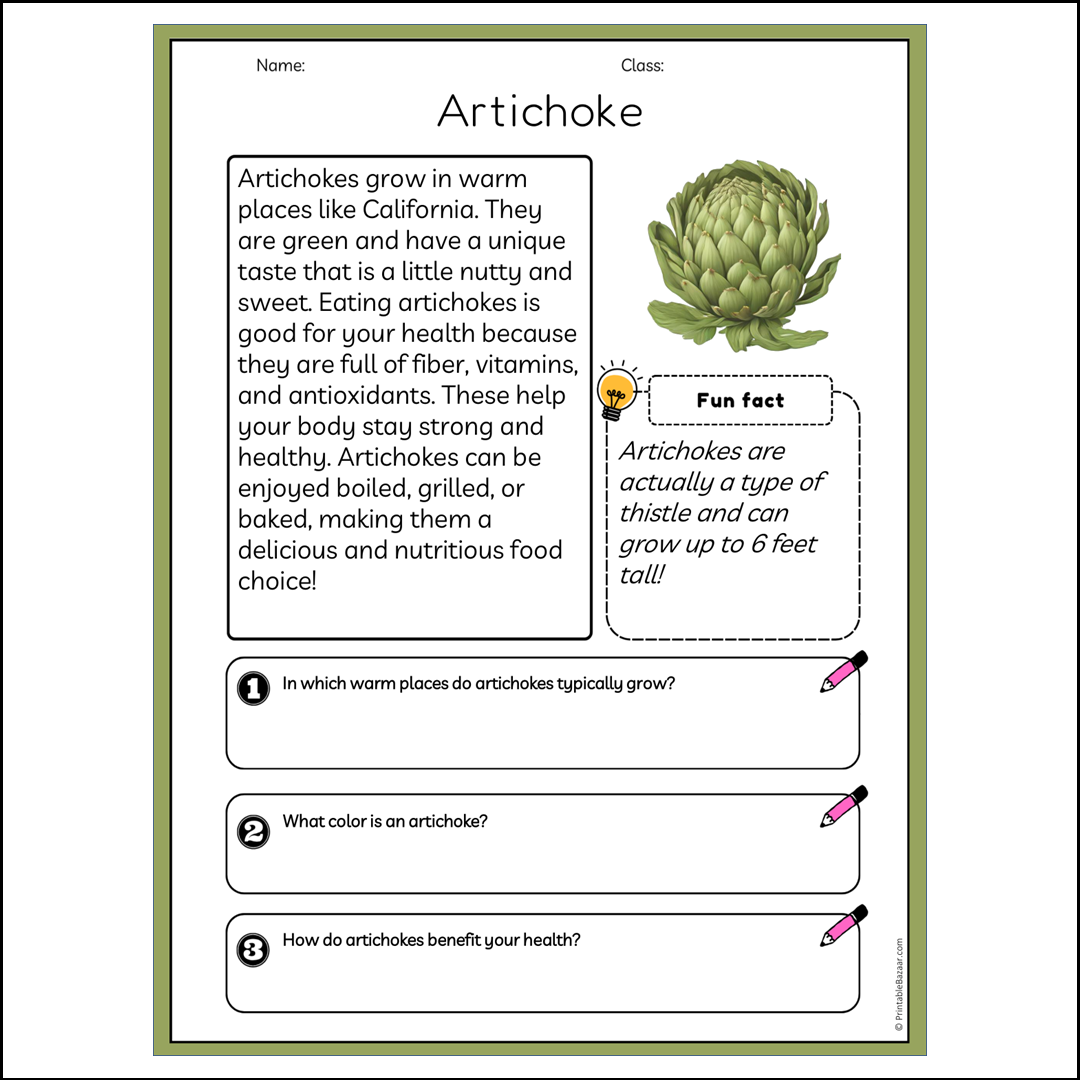 Artichoke | Reading Passage Comprehension Questions Writing Facts Worksheet