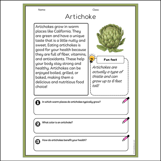 Artichoke | Reading Passage Comprehension Questions Writing Facts Worksheet