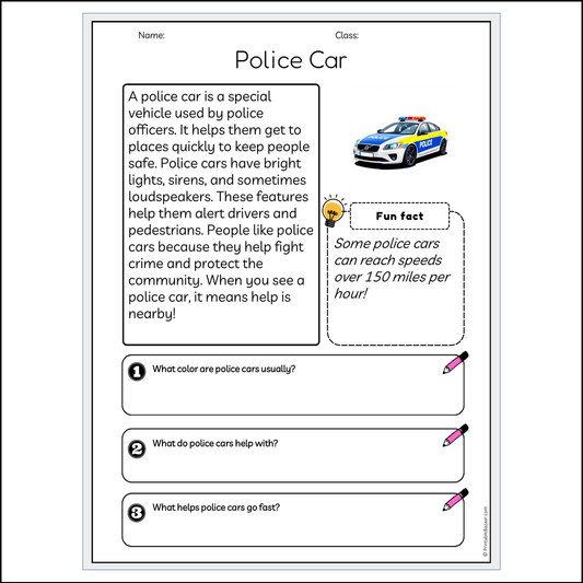 Police Car | Reading Passage Comprehension Questions Writing Facts Worksheet