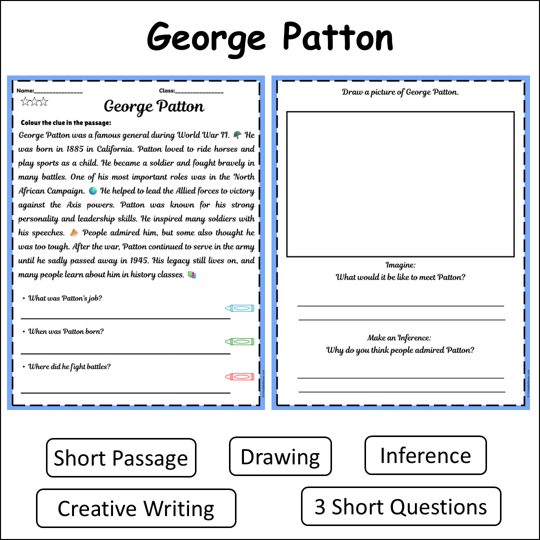 George Patton | Short Reading Comprehension Creative Worksheet