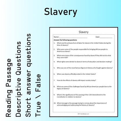 Slavery | Reading Comprehension Passage Printable Worksheet