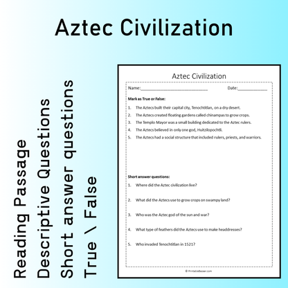 Aztec Civilization | Reading Comprehension Passage Printable Worksheet