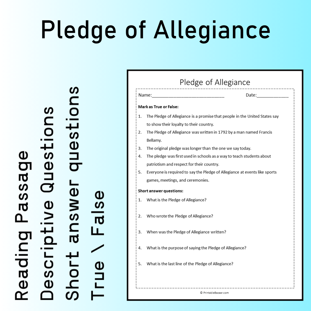 Pledge of Allegiance | Reading Comprehension Passage Printable Worksheet
