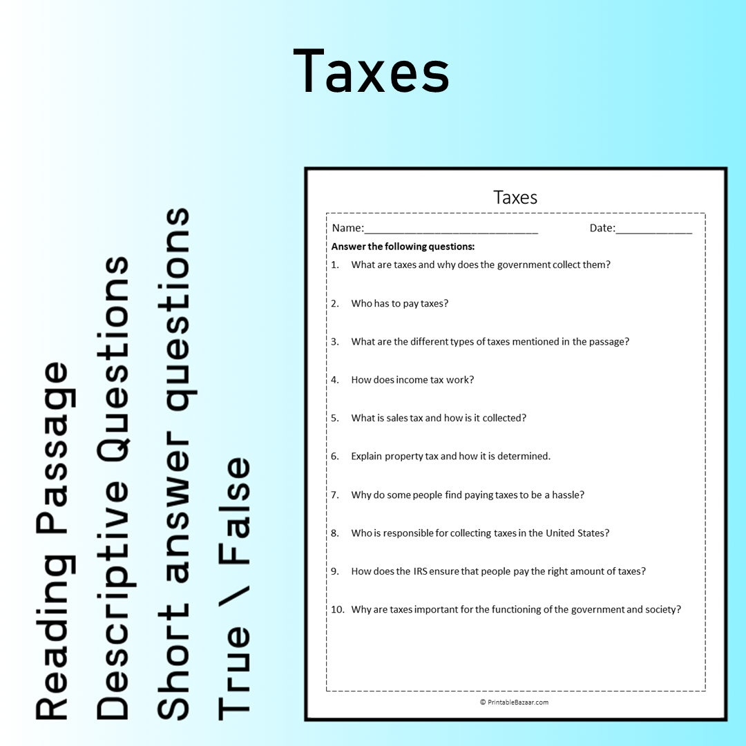 Taxes | Reading Comprehension Passage Printable Worksheet