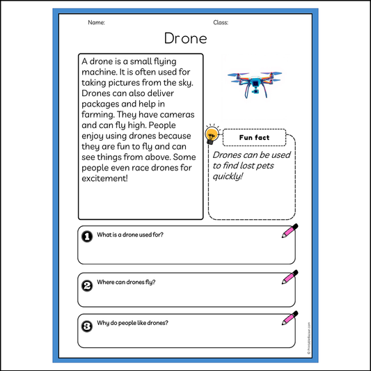 Drone | Reading Passage Comprehension Questions Writing Facts Worksheet