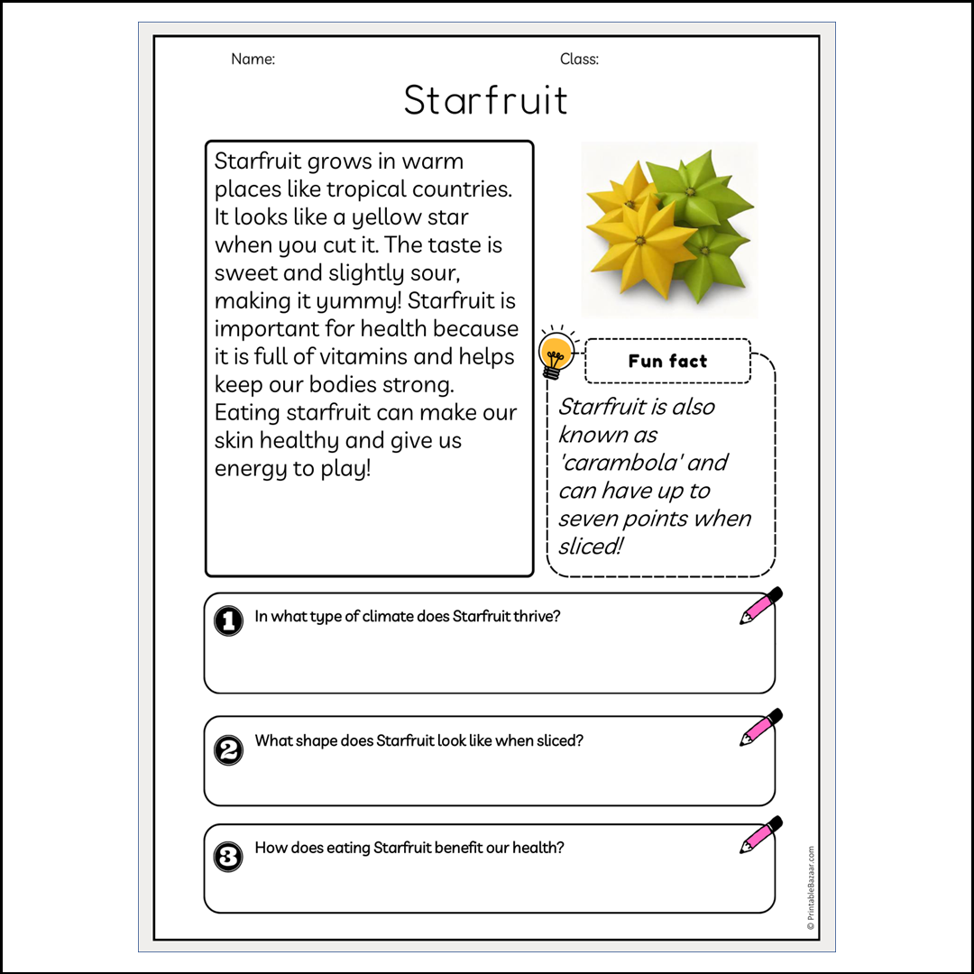 Starfruit | Reading Passage Comprehension Questions Writing Facts Worksheet