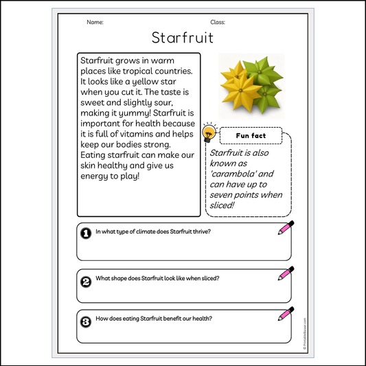 Starfruit | Reading Passage Comprehension Questions Writing Facts Worksheet