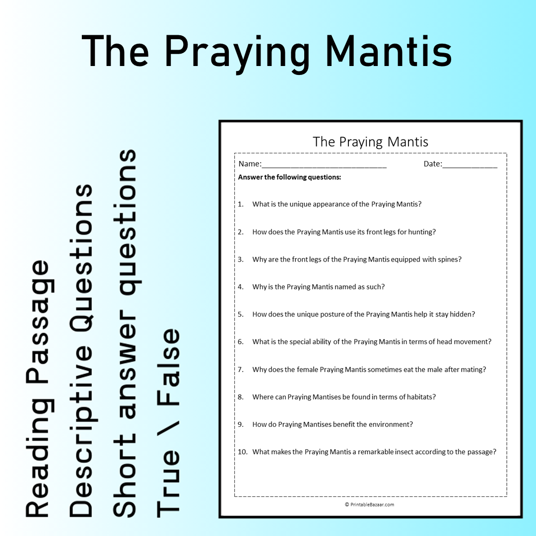 The Praying Mantis | Reading Comprehension Passage Printable Worksheet