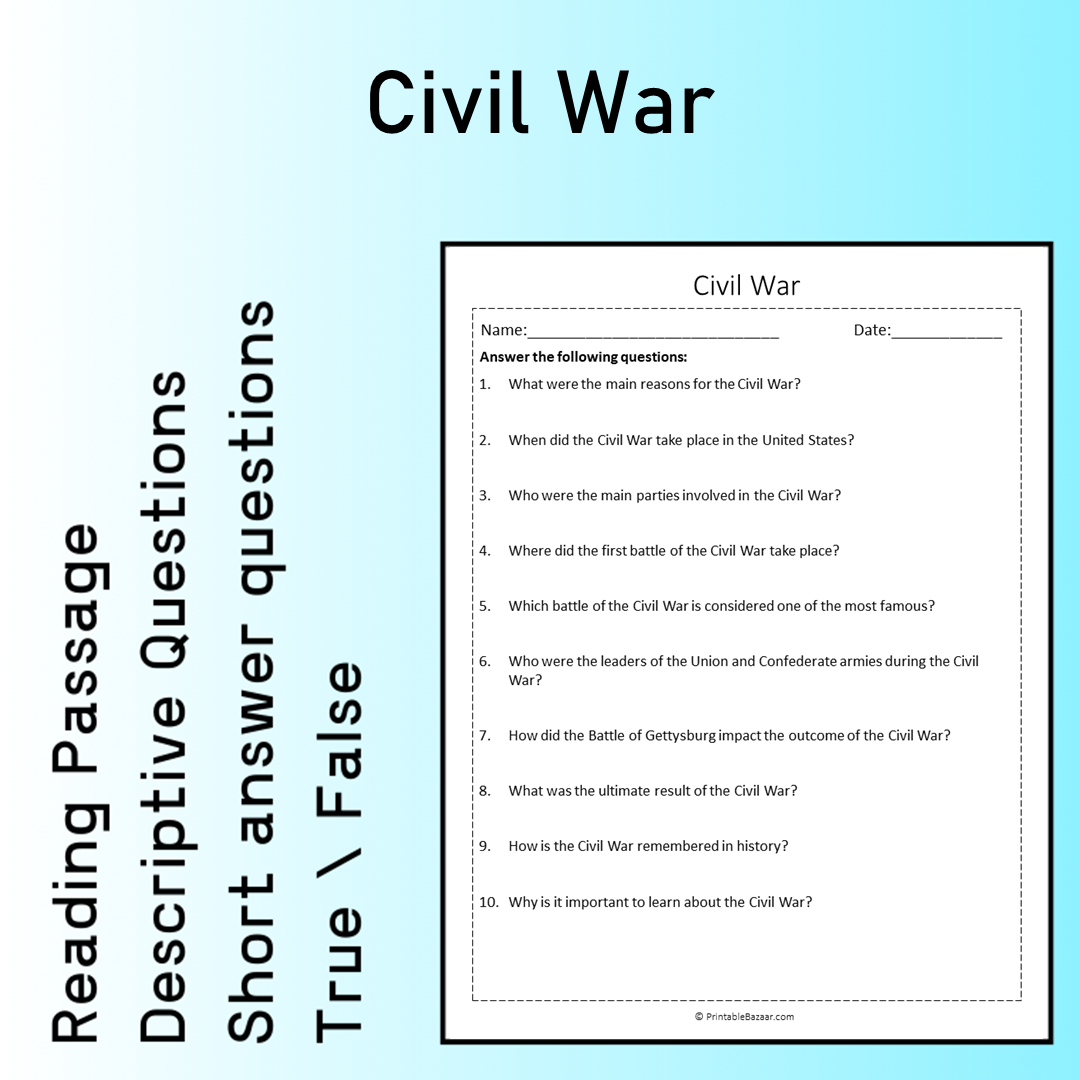 Civil War | Reading Comprehension Passage Printable Worksheet