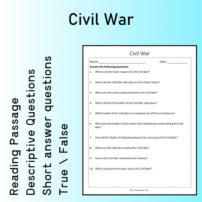 Civil War | Reading Comprehension Passage Printable Worksheet