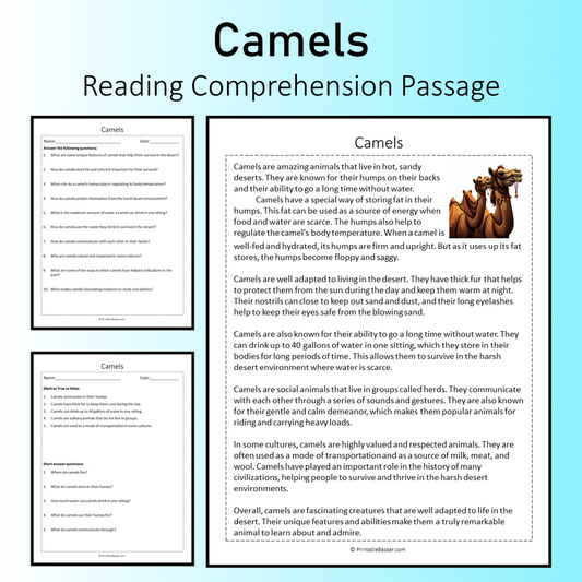 Camels | Reading Comprehension Passage Printable Worksheet