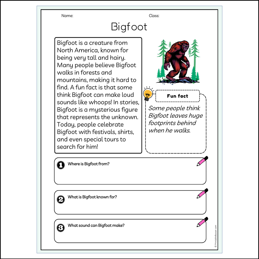 Bigfoot | Reading Passage Comprehension Questions Writing Facts Worksheet