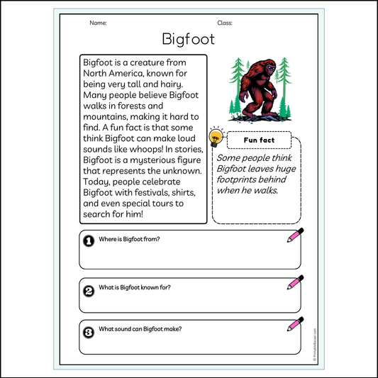 Bigfoot | Reading Passage Comprehension Questions Writing Facts Worksheet