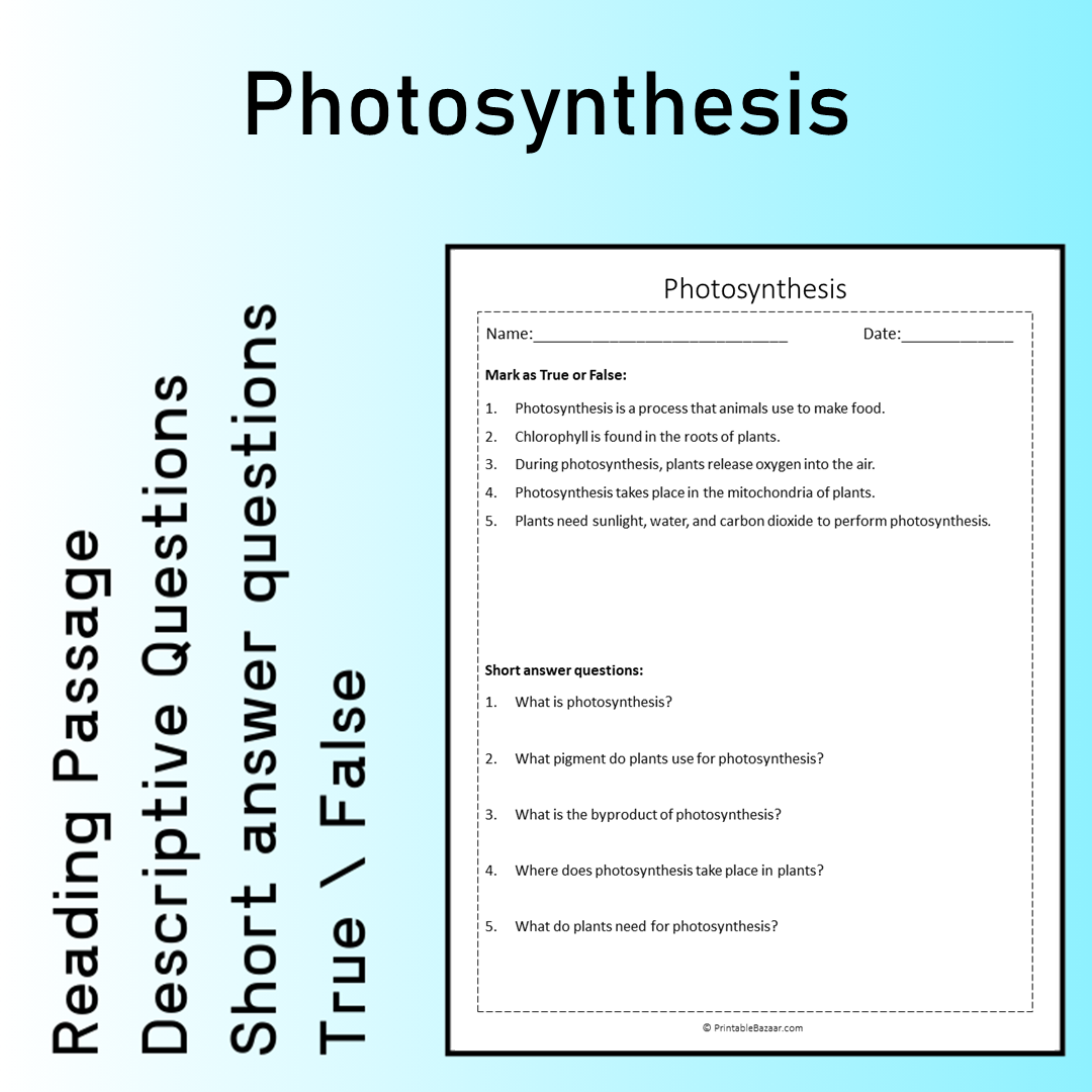 Photosynthesis | Reading Comprehension Passage Printable Worksheet